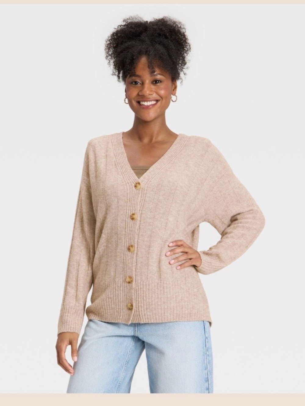 Universal Thread Beige V-Neck Button Front Cardigan Sweater Tan Sz M